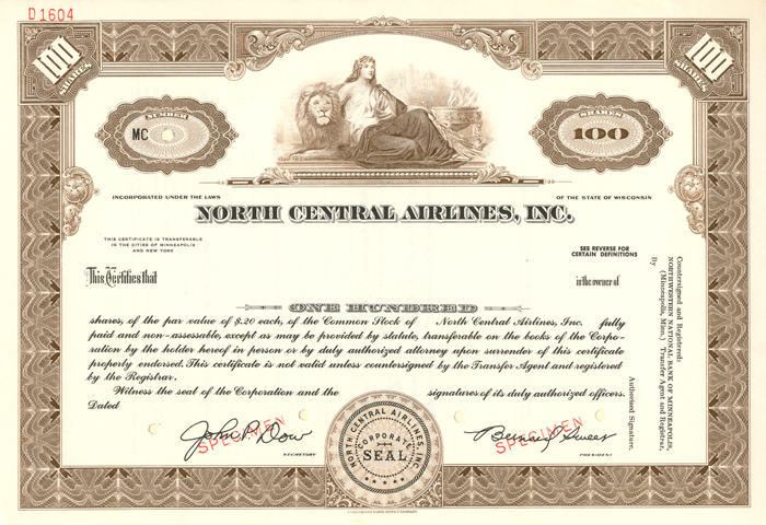 North Central Airlines, Inc. - Stock Certificate